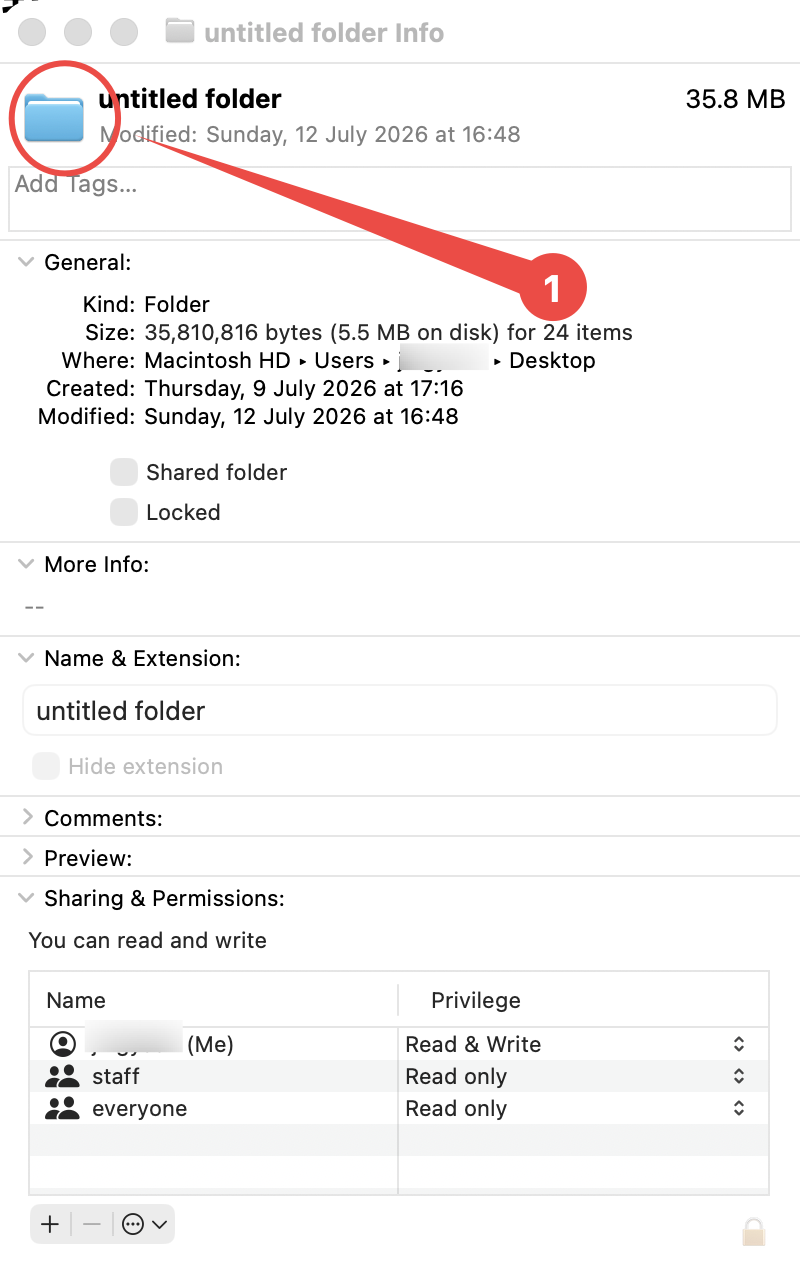 Finder Get Info window showing a folder icon