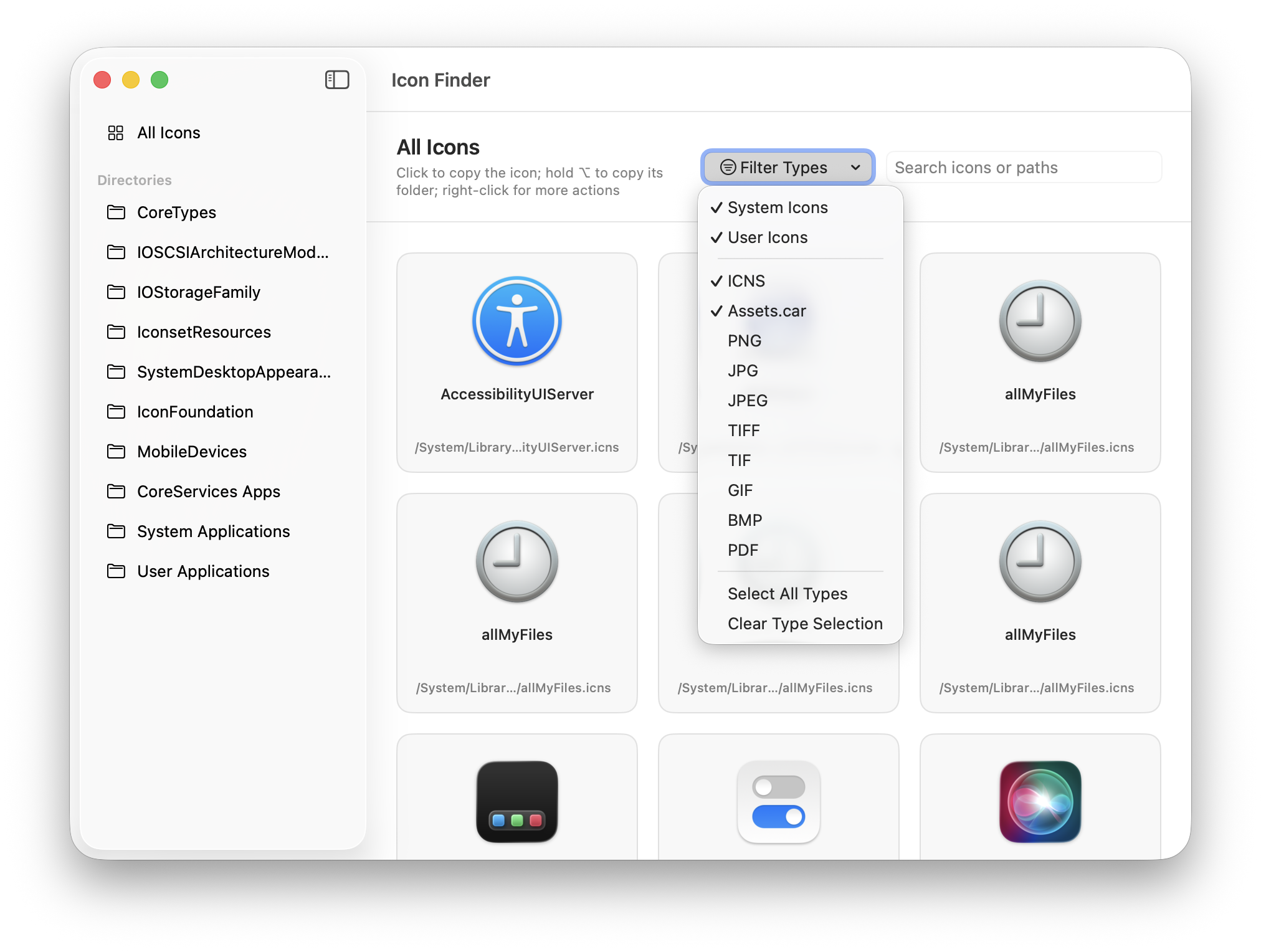 Icon Finder filter menu