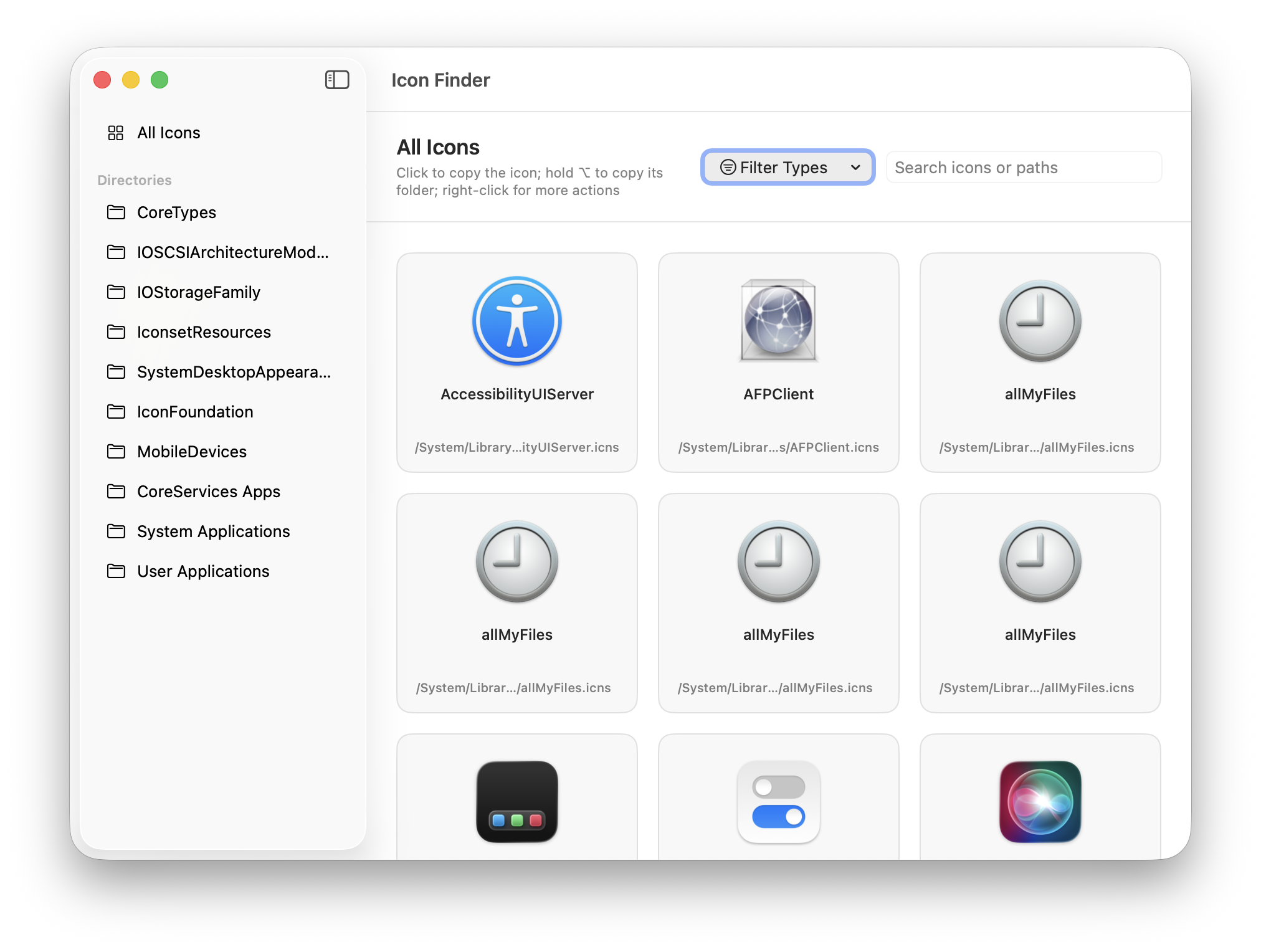 Icon Finder main browser showing macOS icon directories